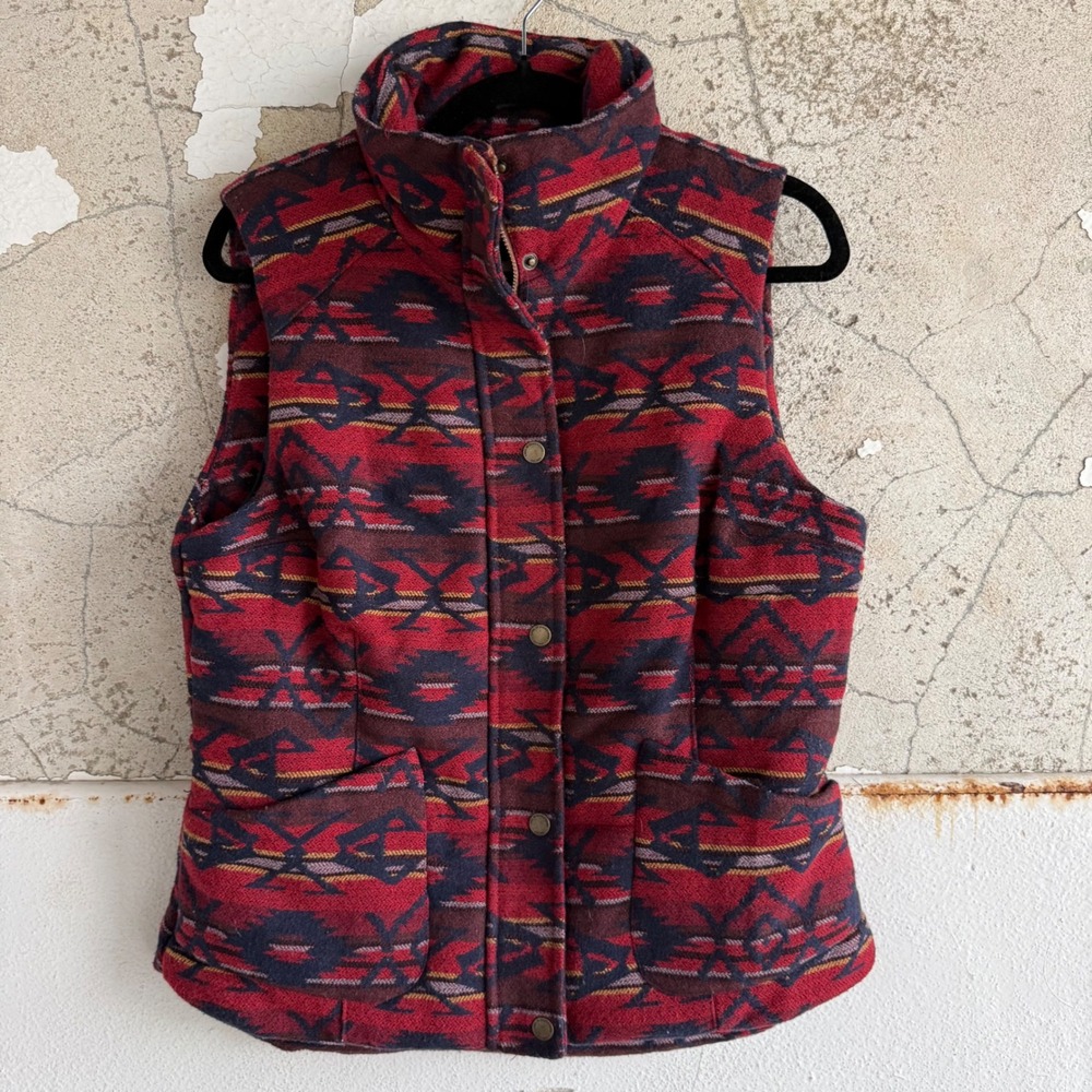 Southwest Puffer Vest Womens M Aztec Tribal Geometric Western Boho Red Blue Wool